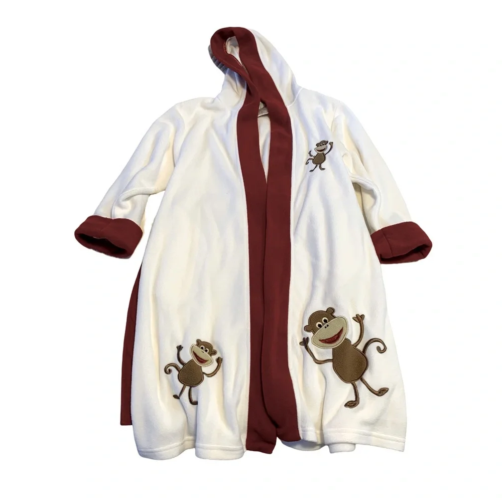 The Company Store Bathrobe Boys or Girls Hooded Fleece Size Med White Burgundy